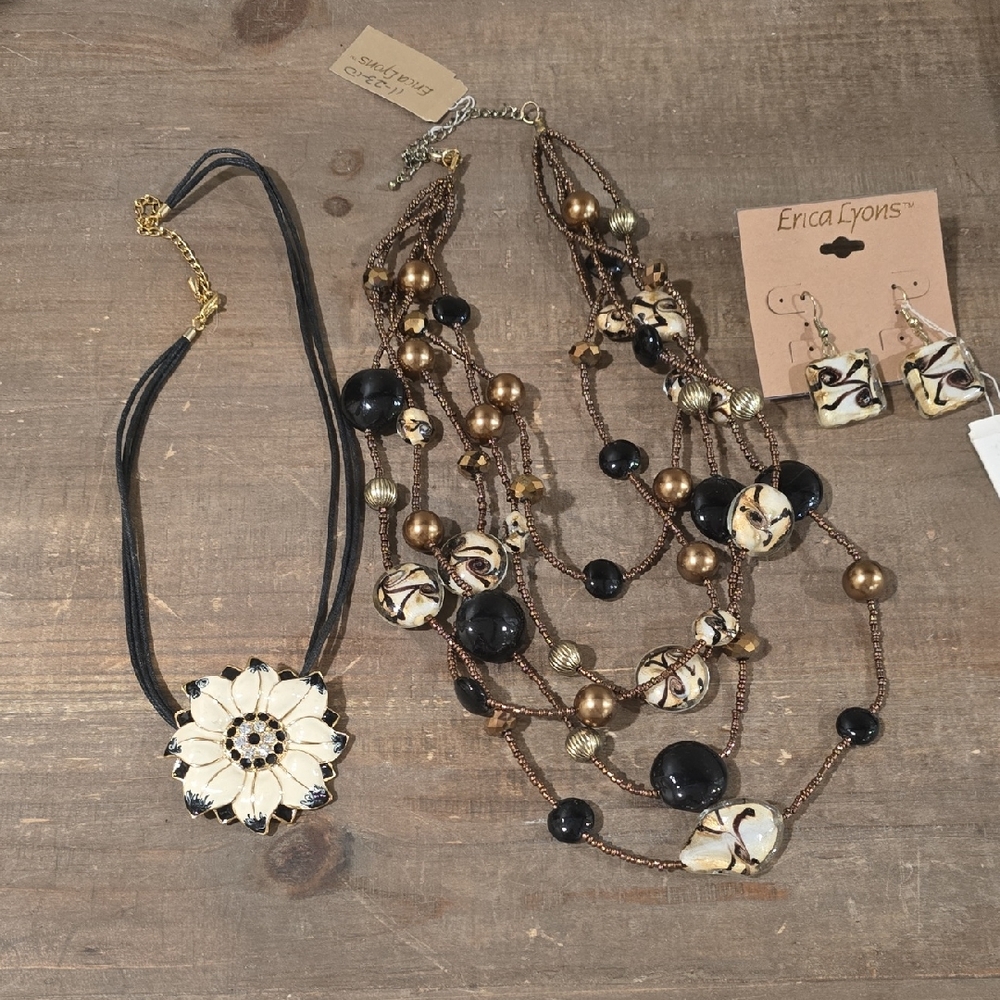 Erica Lyons Black and Gold Multi-Strand Necklace Set